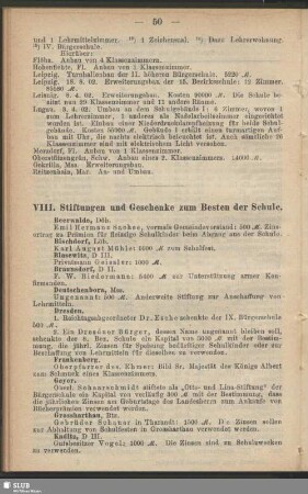 VIII. Stiftungen und Geschenke zum Besten der Schule