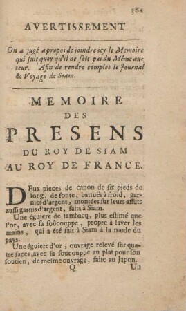 Memorie des presens du Roy de Siam au Roy de France