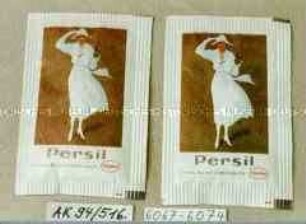 Werbepackung/Gratisprobe mit Inhalt "Persil / Chemie, die sich nützlich macht. Henkel", Abbildung einer Dame in Weiß mit Fernglas (Markenzeichen?)
