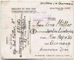 Vordruckpostkarte aus einem britischen Kriegsgefangenenlager - Personenkonvolut