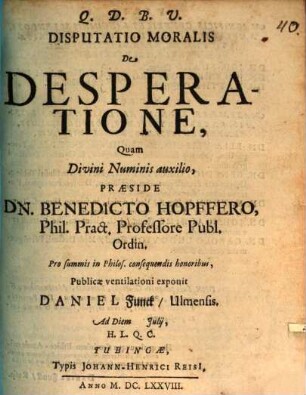 Disputatio Moralis De Desperatione