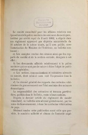 Bulletin du Comité Consultatif pour les Affaires Relatives aux Épizooties et à la Police Sanitaire des Animaux Domestiques. [1.] 1882/83