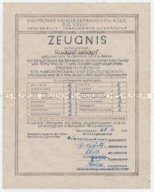 Zeugnis für das erste Semester der Ingenieurschule für Maschinenbau und Elektronik im Kriegsgefangenenlager Ksar es Souk (Französich Nordafrika)