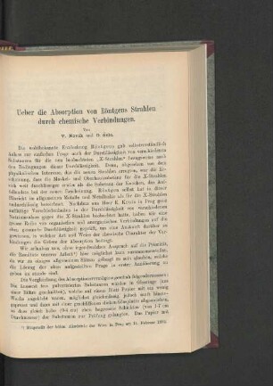 Ueber die Absorption von Röntgens Strahlen durch chemischen Verbindungen.