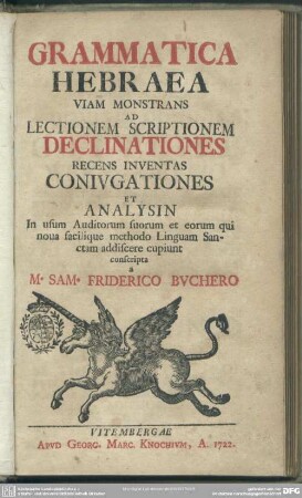 Grammatica Hebraea Viam Monstrans Ad Lectionem Scriptionem Declinationes Recens Inventas Coniugationes Et Analysin : In usum Auditorium suorum et eorum qui nova facilique methodo Linguam Sanctam addiscere cupiunt conscripta