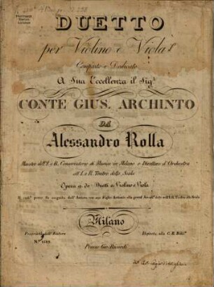 Duetto per violino e viola : opera 9 de' duetti a violino e viola