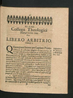 Disputatio VIII. De Libero Arbitrio.