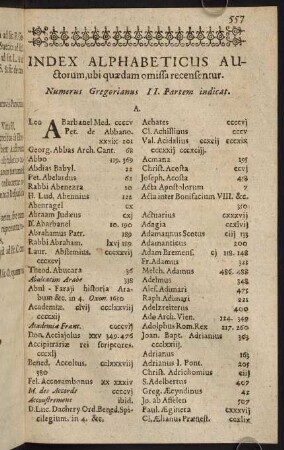 557-632, Index Alphabeticus Auctorum, ubi quaedam omissa recensentur