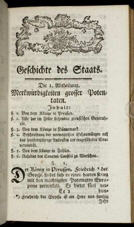 Die 1. Abtheilung. Merkwürdigkeiten grosser Potentaten.