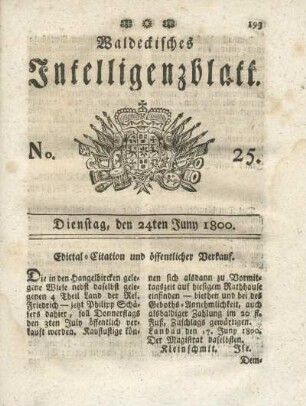No. 25, Dienstag, den 24ten Juny 1800