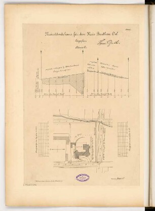 Landratsamt (Kreishaus), Beuthen Monatskonkurrenz Dezember 1896: Lageplan 1:1000; 2 Höhenniveau-Diagramme 1:100; 2 Maßstabsleisten