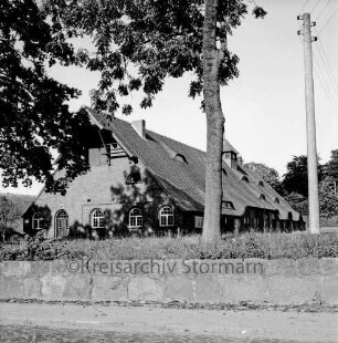 Gutshof: Scheune [ehemaliges Laboratorium, Kutsch- und Pferdestall]: davor Baumstamm und Feldsteinmauer: rechts Strommast: links Baumäste