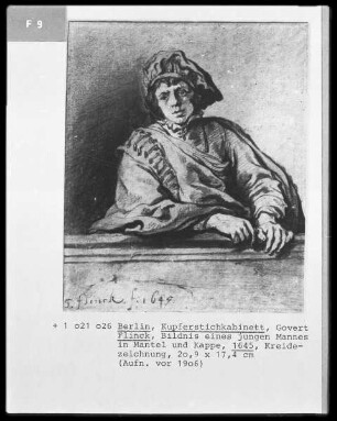 Bildnis eines jungen Mannes in Mantel und Kappe, der sich auf eine Brüstung stützt