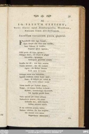 Ad Io. Petrum Gericke, Verbi diuni apud Hamburgenses Ministrum, Amicum suum dilectissimum. Secessum vernantem poeta quaerat.