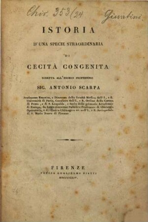 Istoria d'una specie straordinaria di cecità congenita