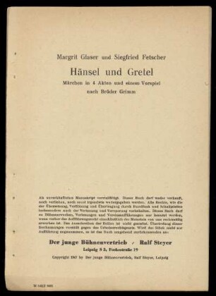 Hänsel und Gretel : Märchen in 4 Akten und einem Vorspiel nach Brüder Grimm