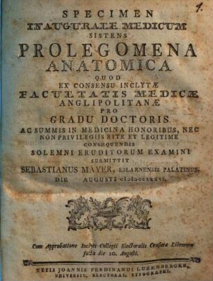 Specimen Inaugurale Medicum Sistens Prolegomena Anatomica