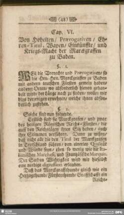 Cap. VI. Von Hoheiten, Praerogativen, Ehren-Titul, Wapen, Einkünffte, und Kriegs-Macht der Marckgraffen zu Baden