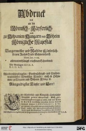 Allerdurchleuchtigster / Großmächtigst = und Unüberwindlichster Römischer Käyser [...]