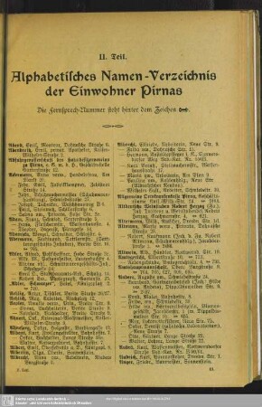 II. Teil. Einwohnerverzeichnis : II. Teil. Alphabetisches Namen-Verzeichnis der Einwohner Pirnas
