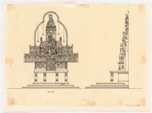 Kirche mit Innenausstattung und Pfarrhaus, Schlesiengrube: Vorder- und Seitenansicht des Hochaltars 1:40 (Variante)