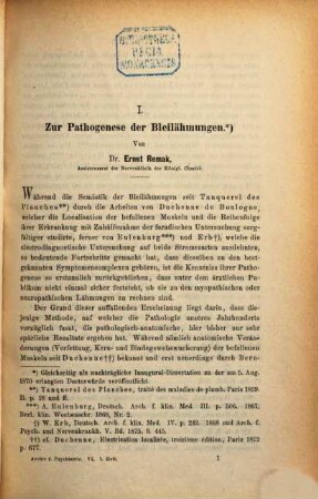 Archiv für Psychiatrie und Nervenkrankheiten : offizielles Organ d. Gesellschaft Deutscher Neurologen und Psychiater = Archives of psychiatry and neurological sciences. 6. 1876