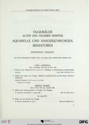 Gemälde alter und neuerer Meister: Aquarelle und Handzeichnungen. Miniaturen (Nr. 1-184)