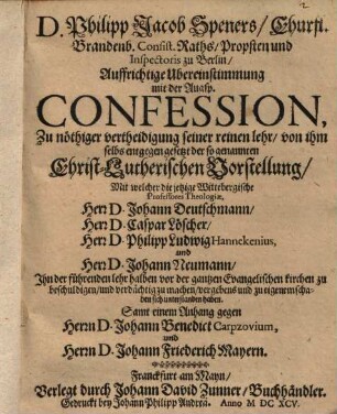 Auffrichtige Übereinstimmung mit der Augspurg. Confession ...