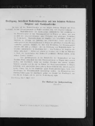Verfügung, betreffend Rechtshilfeverkehr mit den besetzten Gebieten Belgiens und Nordfrankreichs