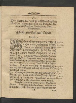 [...] LeichText/ wird beschrieben im 119. Psalm des Königs und Propheten Davids/ der 19 Vers. also lautend: