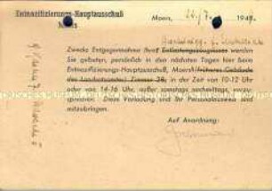 Benachrichtigungskarte des Entnazifizierungs-Ausschusses