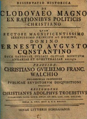 Dissertatio Historica De Clodovaeo Magno Ex Rationibvs Politicis Christiano