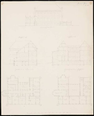 Herrenhaus, Lauchstädt: Querschnitt, Längsschnitt, Grundrisse
