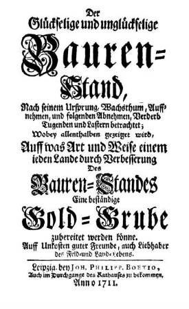 Der Glückselige und unglückselige Bauren-Stand : Nach seinem Ursprung, Wachsthum, Auffnehmen, und folgenden Abnehmen, Verderb Tugenden und Lastern betrachtet ; Wobey allenthalben gezeiget wird, Auff was Art und Weise einem ieden Lande durch Verbesserung Des Bauren-Standes Eine beständige Gold-Grube zubereitet werden könne ; Auff Unkosten guter Freunde, auch Liebhaber des Feld- und Land-Lebens
