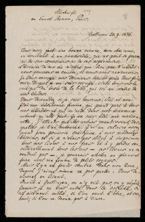 Nr. 18: Brief von Paul de Lagarde an Ernest Renan, in einer Abschrift von Anna de Lagarde, Göttingen, 20.9.1876