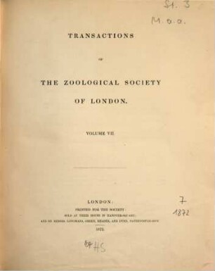 Transactions of the Zoological Society of London. 7. 1872