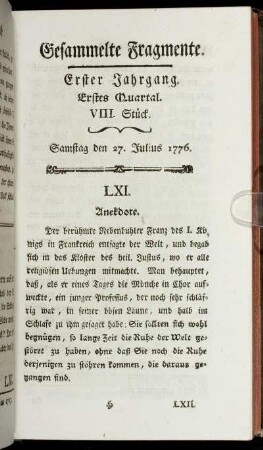 VIII. Stück. Samstag den 27. Julius 1776.