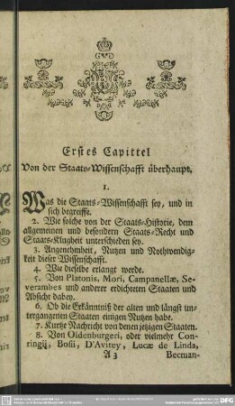 Erstes Capittel. Von der Staats-Wissenschafft überhaupt