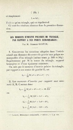Les moments d´inertie polaires du triangle, par rapport a ses points remarquables.