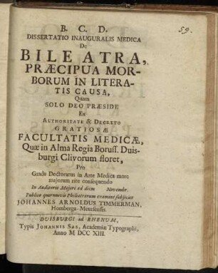 Dissertatio Inauguralis Medica De Bile Atra, Præcipua Morborum In Literatis Causa