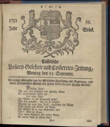 39. Stueck, Montag den 25. Septembr. 1752