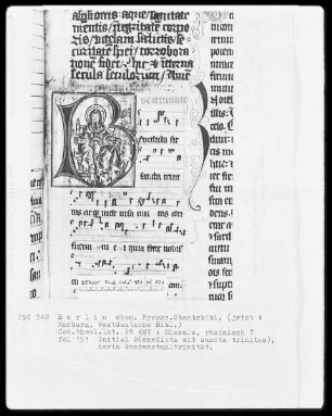 Missale — Initiale B (enedicta sit sancta trinitas), darin Gnadenstuhltrinität, Folio 151recto