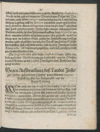 Wegen Auffdruckung deß Landes Insiegel/ zu der gesambten Länder verordneten Generals Bestallung über das Kriegsvolck/ und die Kriegs Patenten.