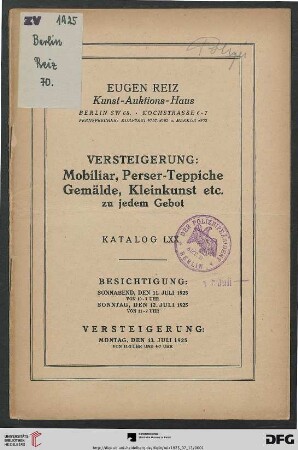 Versteigerung: Mobiliar, Perser-Teppiche, Gemälde, Kleinkunst etc. zu jedem Gebot : Versteigerung 13. Juli 1925 (Katalog Nr. 70)