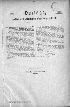 Anlage: (772.), Vorlagen, welche den Zeitungen nicht mitgeteilt sind, 20. Oktober 1922