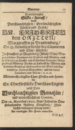 Unterthänigster Glüks-Zuruff Dem Durchlauchtigsten/ Großmächtigsten Fürsten und Herrn/ HR. Friderich dem Dritten...