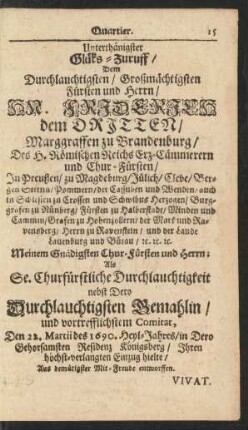 Unterthänigster Glüks-Zuruff Dem Durchlauchtigsten/ Großmächtigsten Fürsten und Herrn/ HR. Friderich dem Dritten...