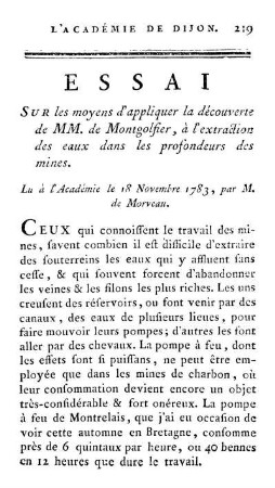 Essai Sur les moyens d'appliquer la découverte de MM. de Montgolfier, à l'extraction des eaux dans les profondeurs des mines.