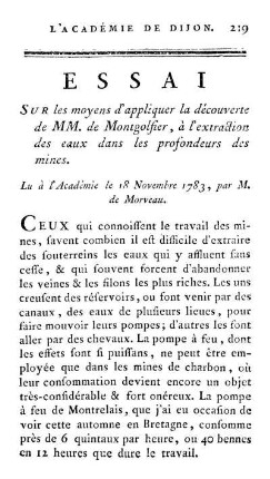 Essai Sur les moyens d'appliquer la découverte de MM. de Montgolfier, à l'extraction des eaux dans les profondeurs des mines.