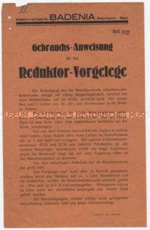 Gebrauchs-Anweisung für das Reduktor-Vorgelege